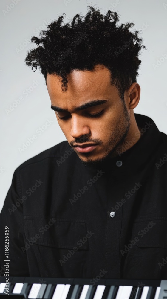 Obraz premium Young mixed race male musician concentrating on electric keyboard against neutral gray background with ample empty space for text vertical composition
