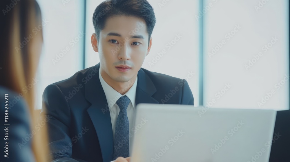 Professional Asian male mentor in formal suit coaching female trainee in modern office meeting room with natural light, working with laptop, soft focus background. Professional Asian male mentor in formal suit coaching female trainee in modern office meeting room with natural light, working with laptop, soft focus background.
