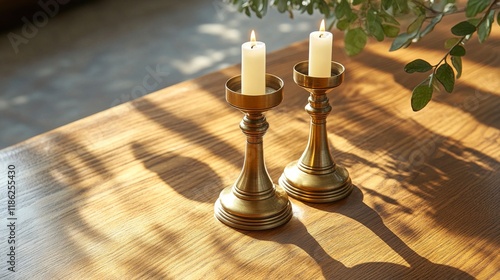 Elegant candle holders casting warm shadows in soft morning light on a wooden...