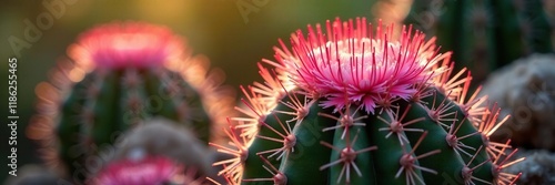 Pink crown-like blooms on a tree of the Mammillaria cactus species, Mammillaria Beneckei variegata, blossoms, summer photo