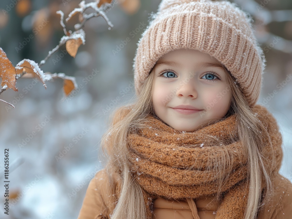 Portrait of cheerful young girl with long hair in cozy winter attire and knitted hat, surrounded by snowy forest backdrop and soft natural light. Portrait of cheerful young girl with long hair in cozy winter attire and knitted hat, surrounded by snowy forest backdrop and soft natural light.