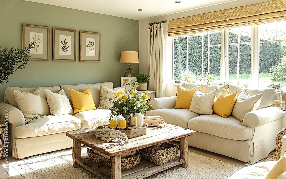 Obraz premium Sunny living room with cream sofas, yellow cushions, and rustic coffee table