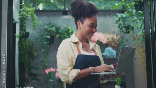 Vlogger influencer or SME owner people smile work on home video camera selfie shoot filming for live sell show happy talk on mobile VoIP app.