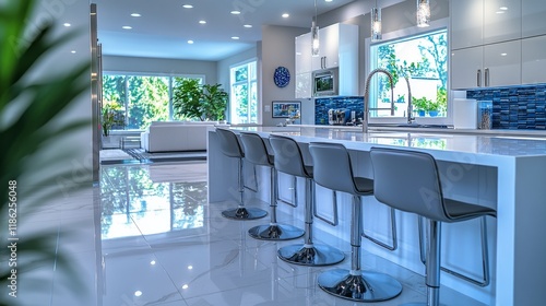 Modern kitchen interior with sleek design and spacious layout in bright natur...