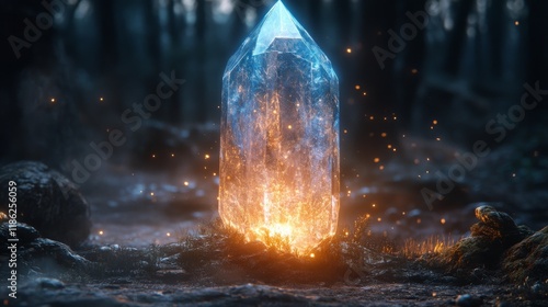 Mystical crystal glowing in an enchanted forest surrounded by rocks and ether...