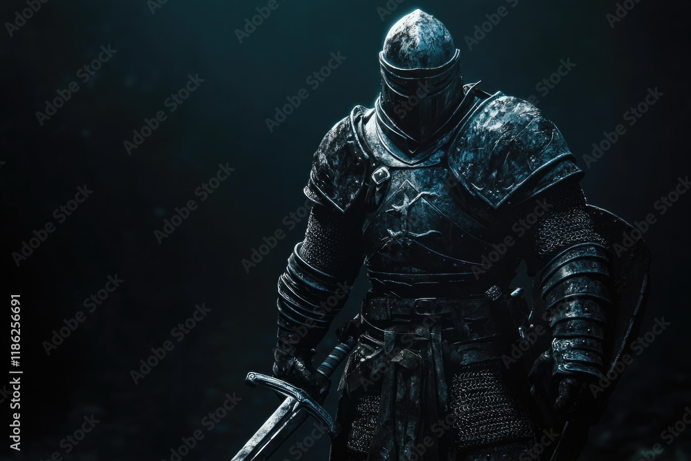 Knight in dark armor standing confidently with a two-handed sword, dramatic lighting creating shadows, ample empty space for text, dark background.