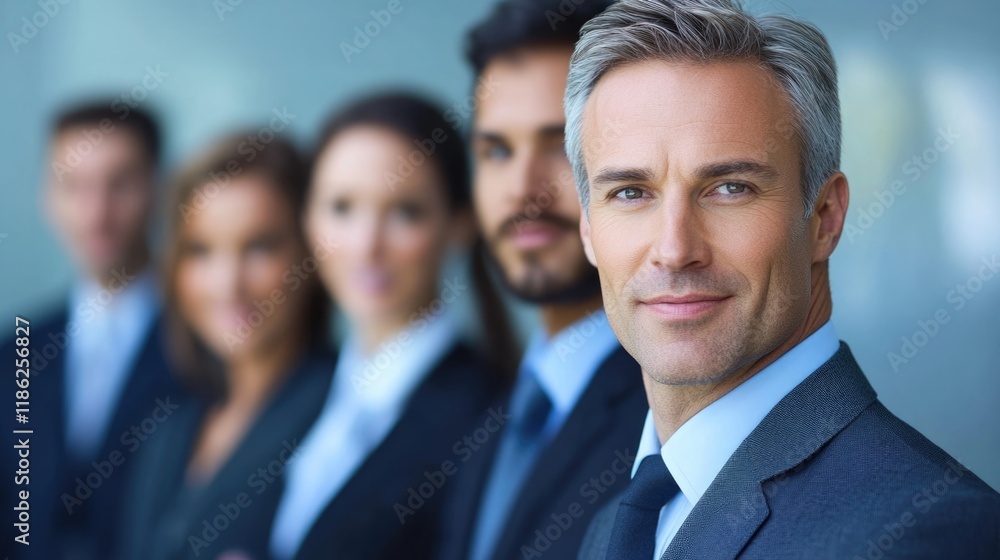 Professional Caucasian male CEO in sharp suit smiling confidently in focus, with blurred diverse executive team members in the background, group meeting setting, corporate environment. Professional Caucasian male CEO in sharp suit smiling confidently in focus, with blurred diverse executive team members in the background, group meeting setting, corporate environment.