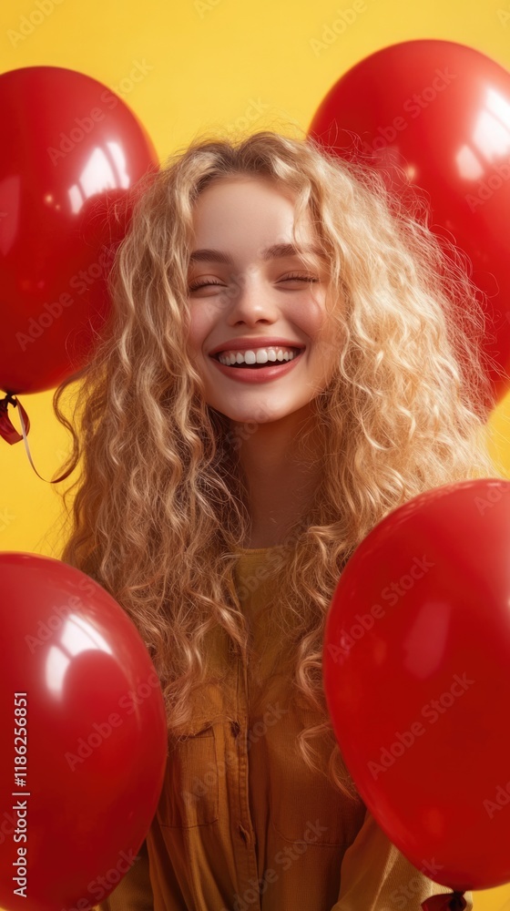 Charming young blonde woman with curly hair joyfully posing amidst vibrant red party balloons on bright yellow backdrop vertical studio portrait with ample copyspace Charming young blonde woman with curly hair joyfully posing amidst vibrant red party balloons on bright yellow backdrop vertical studio portrait with ample copyspace