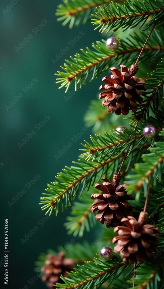 Pinecones and fragrant fir branches intertwined with sparkling glass beads, evergreen, pinecones Pinecones and fragrant fir branches intertwined with sparkling glass beads, evergreen, pinecones