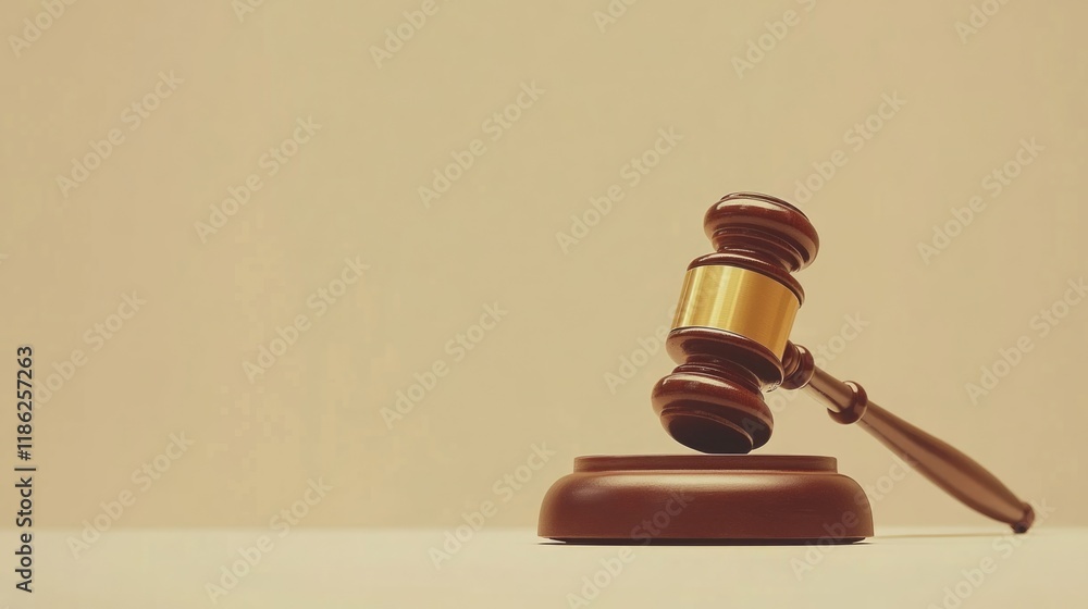 Lawyer presenting signed contract with gavel on wooden base in neutral beige background emphasizing legal counsel and partnership meeting concepts Lawyer presenting signed contract with gavel on wooden base in neutral beige background emphasizing legal counsel and partnership meeting concepts