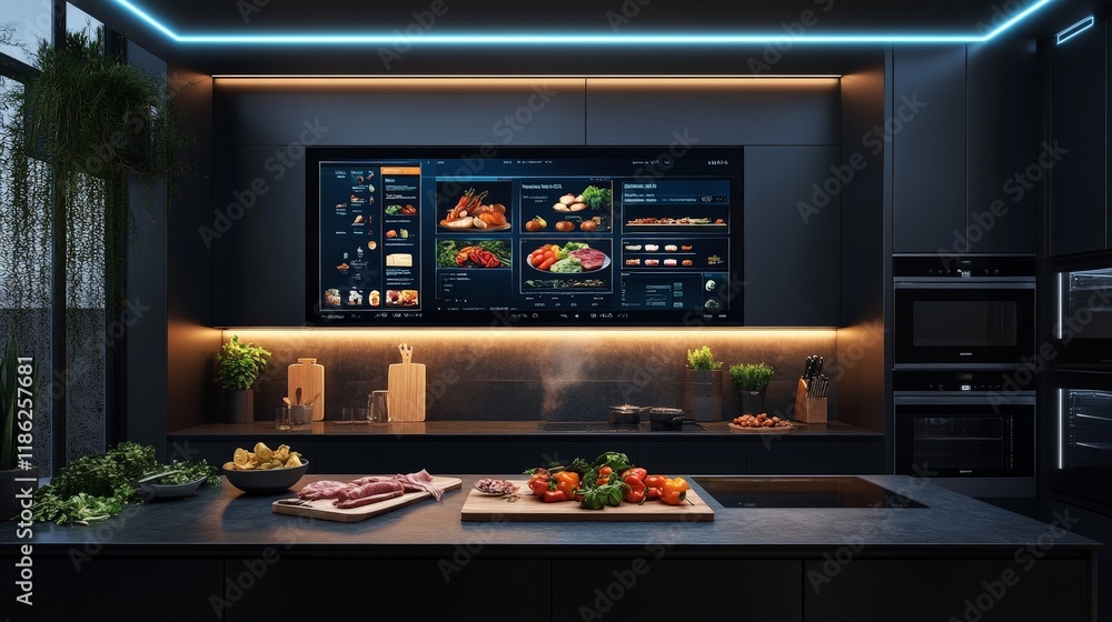 High-tech kitchen with a holographic interface. Perfect for smart home and futuristic lifestyle themes. High-tech kitchen with a holographic interface. Perfect for smart home and futuristic lifestyle themes.