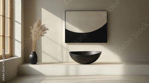 Elegant black and white bowl displayed with minimalist art piece on rustic wo...