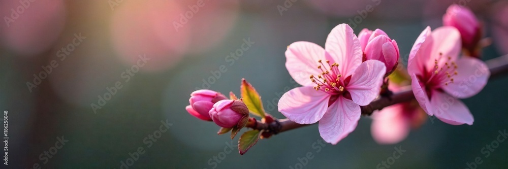 Delicate pink blossoms unfurl on a slender branch, pink flowers, petals Delicate pink blossoms unfurl on a slender branch, pink flowers, petals
