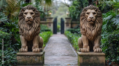 Grand stone lions guard the pathway in a serene garden during autumn twilight
