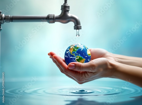 Hands hold miniature earth. Water drips from tap. Safe drinking water important. Global water quality campaign concept. Focus on water conservation. Save water. Sustainability emphasized. Protecting photo