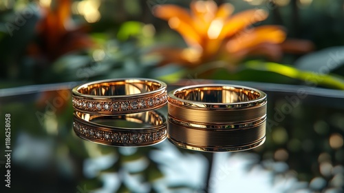 Elegant gold wedding rings displayed on a reflective surface with vibrant fol...