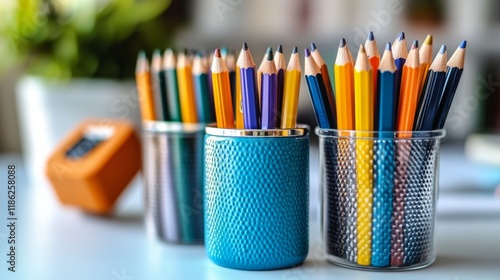 Colorful assortment of writing instruments arranged neatly on a flat surface