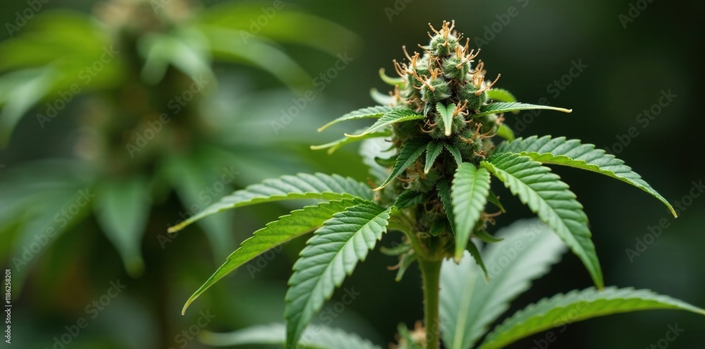 Cannabis buds on dry stem with green leaves and brownish roots, weed, stem Cannabis buds on dry stem with green leaves and brownish roots, weed, stem