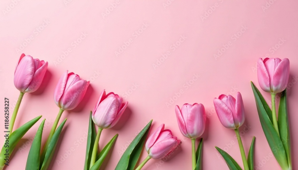 Delicate pink tulips scattered on a soft pastel pink surface, soft, nature, flower arrangement Delicate pink tulips scattered on a soft pastel pink surface, soft, nature, flower arrangement