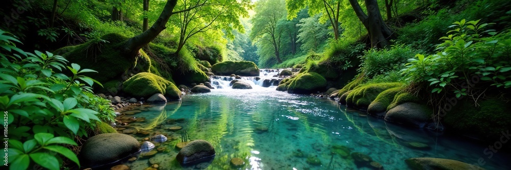 Naklejka premium Dense foliage surrounds a crystal-clear stream, forest, river