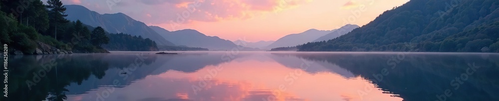 Gentle ripples disturb the lake's mirror-like surface at dawn with reflected trees and cliffs, serenity, tranquility, lake Gentle ripples disturb the lake's mirror-like surface at dawn with reflected trees and cliffs, serenity, tranquility, lake