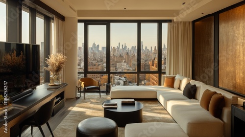 Modern hotel room with city skyline view and natural light during daytime