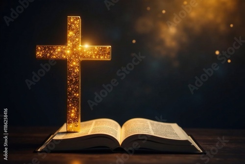 Wallpaper Mural Golden cross with Bible radiating light on dark background, Holy, Cross Torontodigital.ca