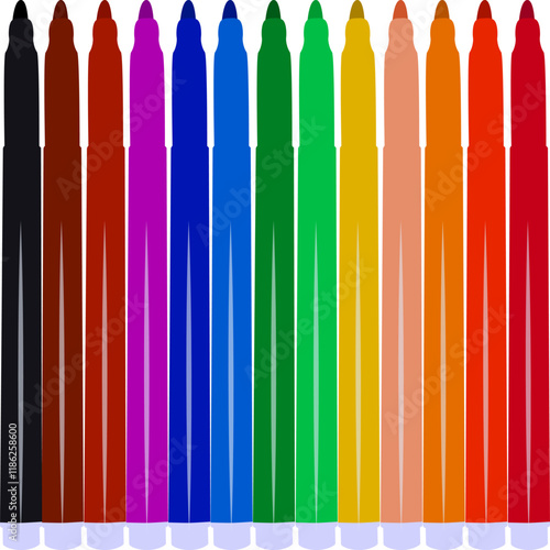 Set of markers with basic colors for drawing and coloring. Sale and advertising of markers and drawing with them. Felt-tip pen for drawing courses. Set of markers with a cap for children.