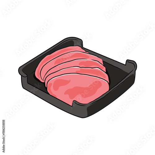 Isolated sliced Fresh Pork meat in black plate, vector hand drawing food ingredient illustration. Sliced meat, hight protein food, uncooked food hot pot ingredients. 