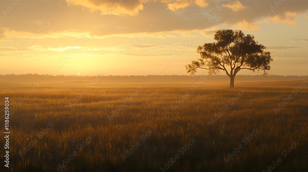 Lone Tree in Golden Wheat Field - Serene Landscape, Nature, Tranquility Lone Tree in Golden Wheat Field - Serene Landscape, Nature, Tranquility