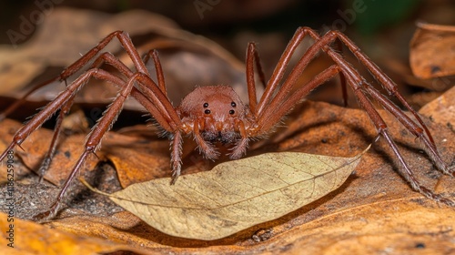 Close-up of a large, reddish-brown huntsman spider on fallen leaves. photo