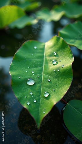 Water droplets glistening on the surface of a leaf in the Vasse River estuary, estuary, scenery, natural photo