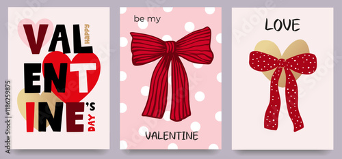 Valentine's day greeting cards set with red bows, hand drawn, coquette modern  illustration or print, poster, banner, vector 