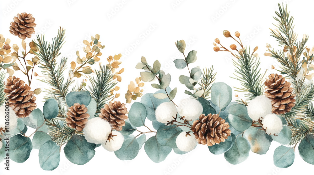 Fototapeta premium Beautiful winter greenery with pinecones and eucalyptus for seasonal decor ideas