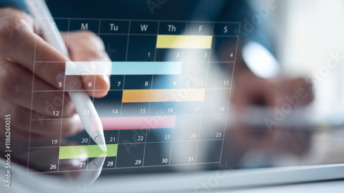 Calendar planner organization management remind, event planning concept. Manager using digital tablet for business event planning on digital calendar planner at office. electronic organizer