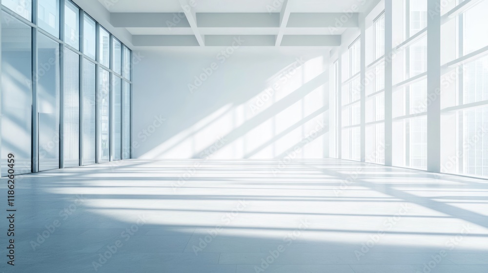 Spacious modern office interior with large windows casting sharp shadows on light gray floor, featuring ample empty copyspace for text and branding. Spacious modern office interior with large windows casting sharp shadows on light gray floor, featuring ample empty copyspace for text and branding.