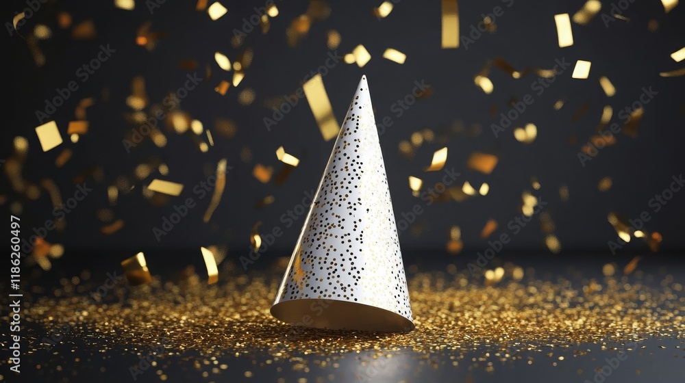 Fototapeta premium Party hat paired with golden confetti, festive celebration concept. 