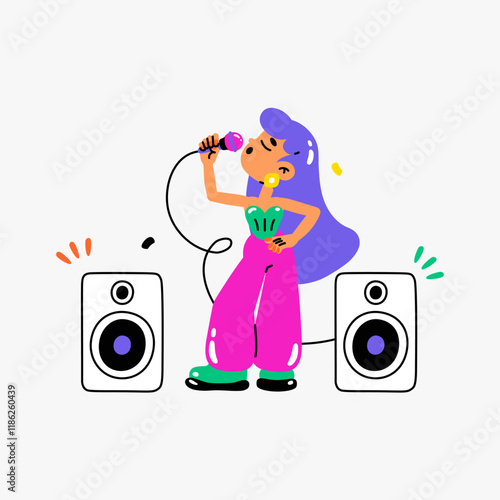 Female singer performing with microphone and speakers in flat vector illustration symbolizing music, performance, and entertainment, isolated on white background