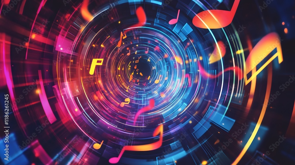Fototapeta premium Abstract Neon Music Notes Swirling Tunnel