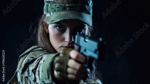 Female soldier aiming firearm towards camera in tactical army uniform, dark background, high contrast, focused expression, substantial copyspace for text. photo