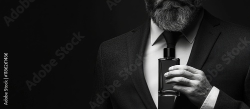 Elegant black and white portrait of a bearded gentleman in a suit holding a masculine perfume bottle against a dark background, exuding sophistication.