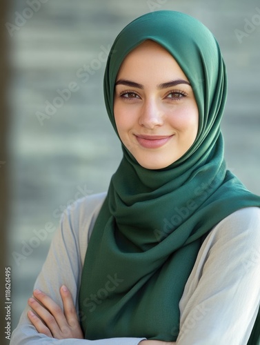 Confident young woman in green hijab smiling with arms crossed, soft focus background, ample copy space for text, natural light, studio setting. photo