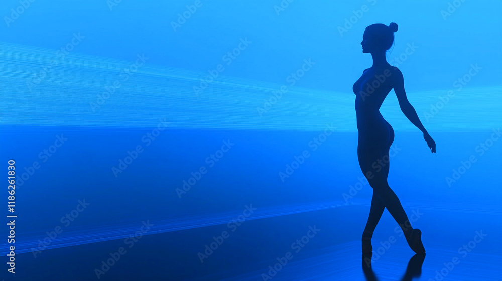Silhouette of a figure gracefully walking against a vivid blue background with soft lighting effects Silhouette of a figure gracefully walking against a vivid blue background with soft lighting effects