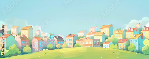 cute cartoon cityscape with buildings and green grass on the horizon, a clear blue sky, a simple flat illustration style, colorful, children's book artwork