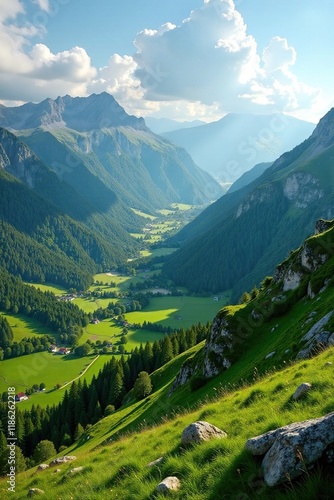 Panoramische Berglandschaft mit sanften H?geln und gr?nen T?lern, rugged, serene, landscape photo