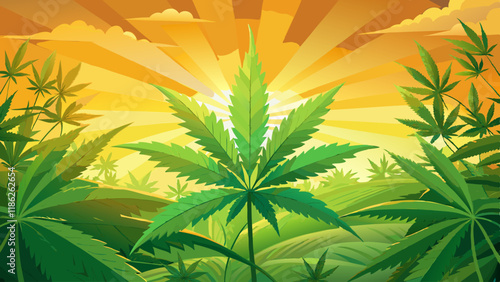 Fresh cannabis leaves shine in warm sunlight, surrounded by a lush green backdrop during the afternoon