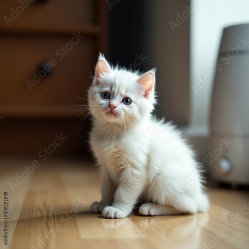 Whiskers twitching kitten sits still on floor beside humidifier, tiny, white, kitten photo