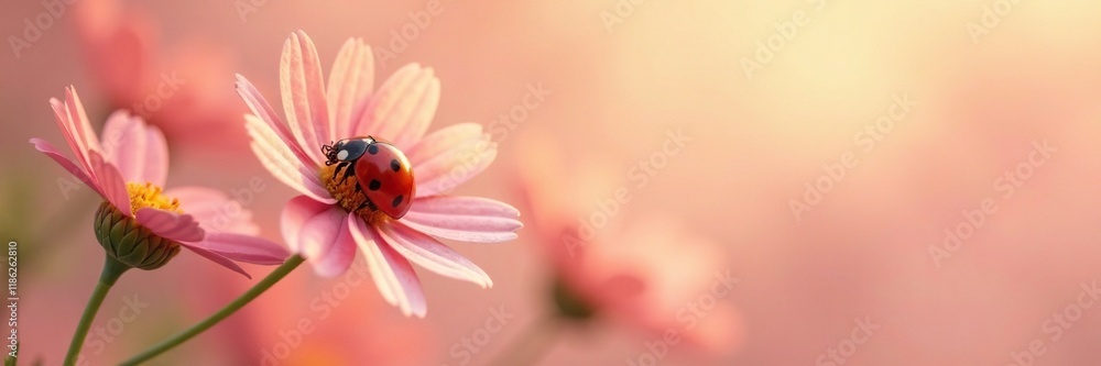 delicate flower with ladybug on soft peach fuzz background, fuzz, flowers delicate flower with ladybug on soft peach fuzz background, fuzz, flowers