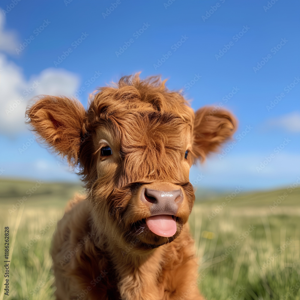 cute little light brown Highland calf with its tongue sticking out, with green grass and blue sky in the background. It is smiling joyfully, as if trying to give off some friendly vibes. cute little light brown Highland calf with its tongue sticking out, with green grass and blue sky in the background. It is smiling joyfully, as if trying to give off some friendly vibes.