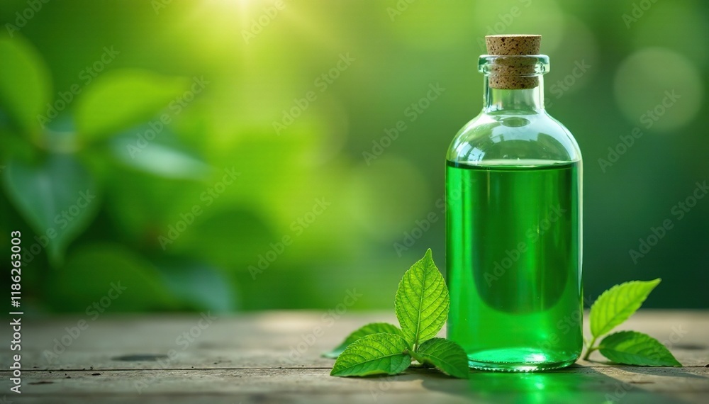 Green liquid in a cylindrical glass bottle with a label, bottle, plant Green liquid in a cylindrical glass bottle with a label, bottle, plant